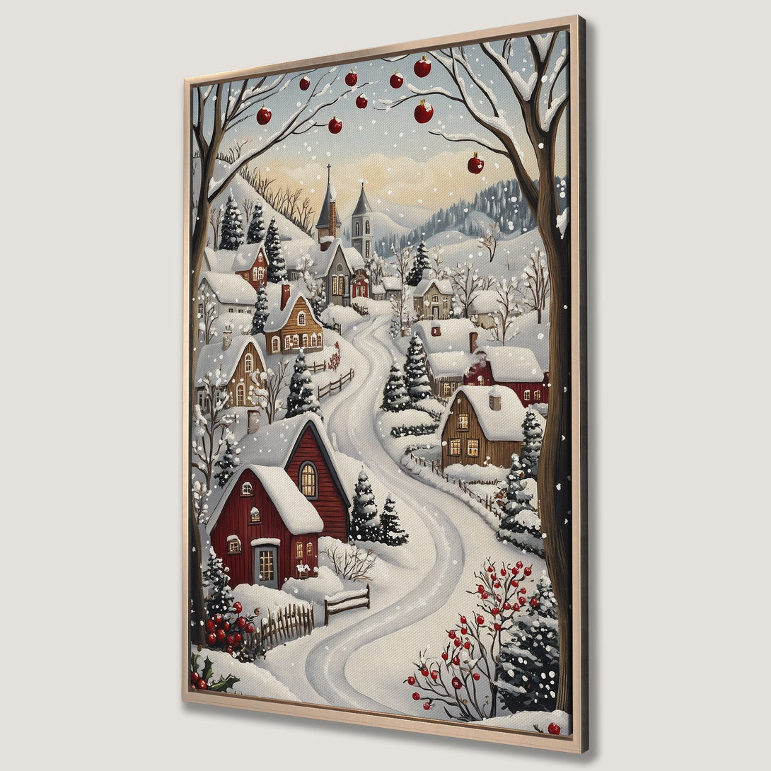 Framed Wall Art: Winter village scene canvas print. Cozy, whimsical painting with snow, red houses, and a neutral color palette. Perfect holiday decor.