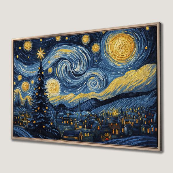 Framed Wall Art: Starry Night Christmas scene in Van Gogh style. Blue and gold palette Canvas Print perfect for holiday decor.