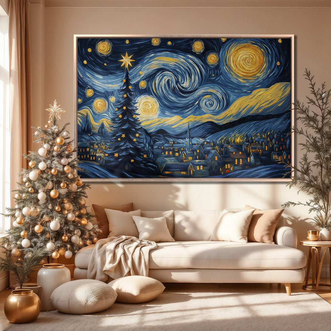 Framed Wall Art: Starry Night Christmas tree scene in blue and gold, perfect for holiday decor. Add artistic flair to your home!