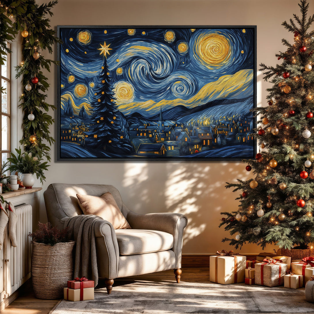 Framed Wall Art: "Starry Night" style Canvas Print in blue and gold, perfect for Christmas decor. Adds artistic flair to any interior space.