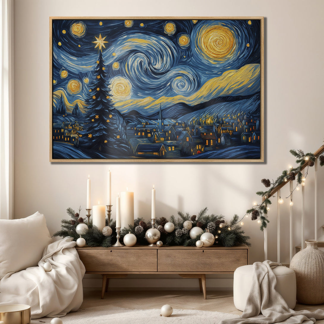 Framed Wall Art: Starry Night Christmas scene in blue and gold. Add a touch of Van Gogh style to your holiday decor with this stunning canvas print.