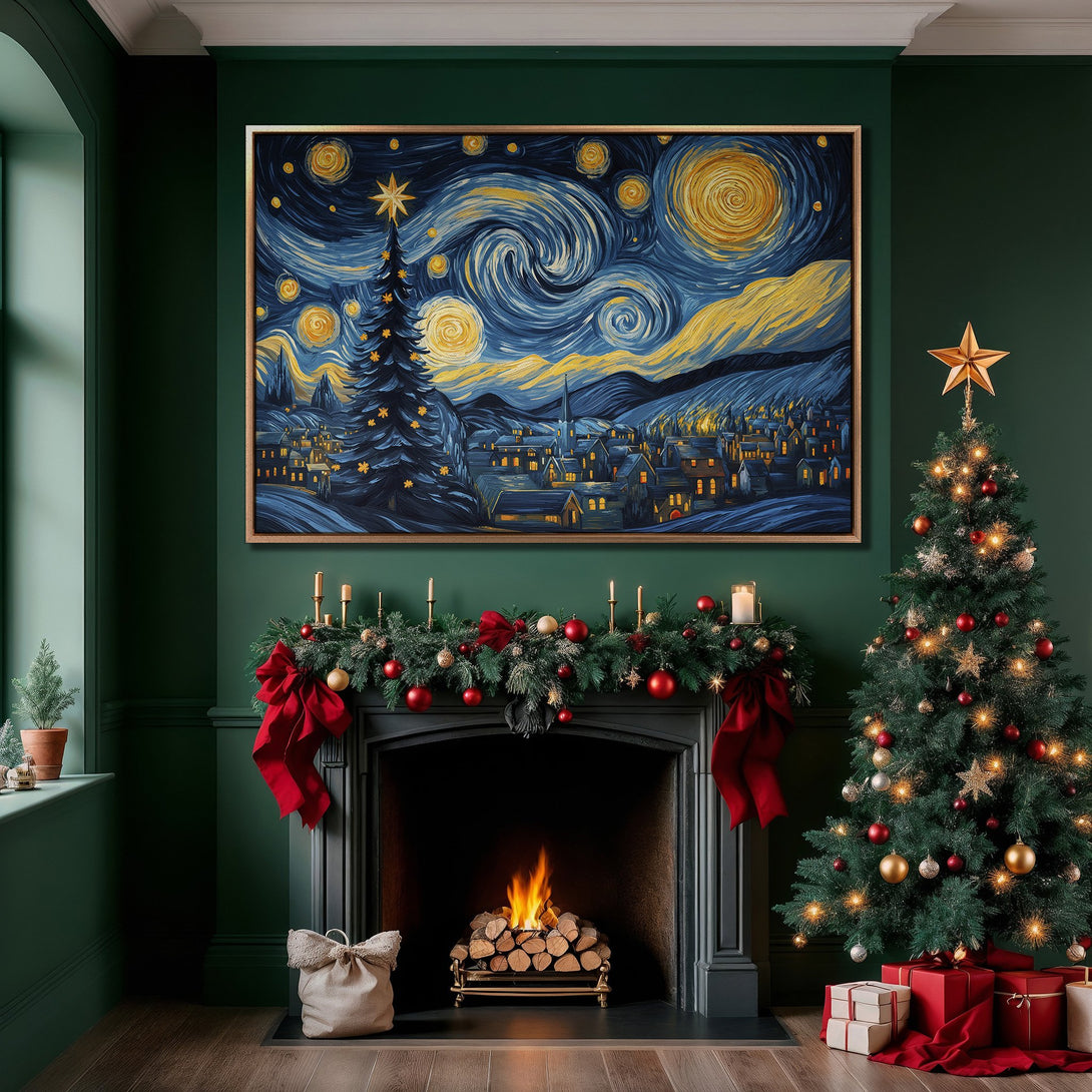 Framed Wall Art: Starry Night Christmas scene in blue & yellow, perfect for holiday decor. Add a touch of art to your living room!