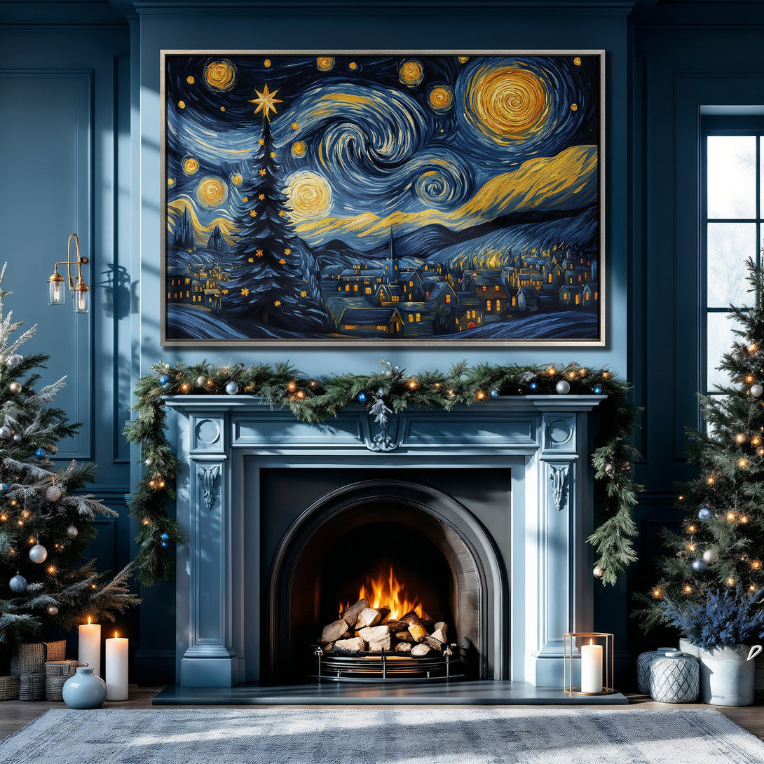 Framed Wall Art featuring a starry night Christmas scene in a Van Gogh style. Blue and gold color palette, perfect for holiday decor.