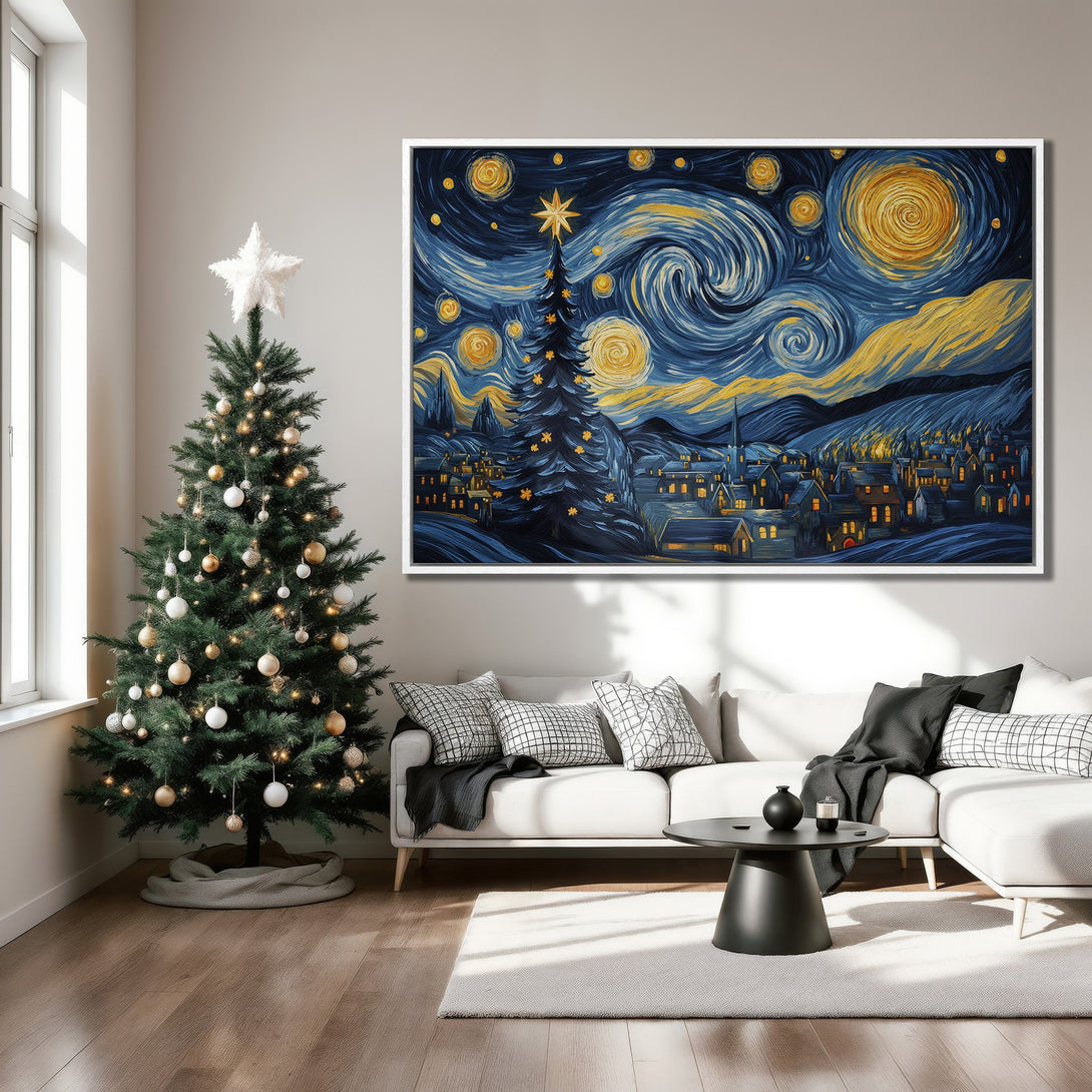 Framed Wall Art: "Starry Night" style Christmas scene in blue and gold. Perfect holiday decor for your living room!