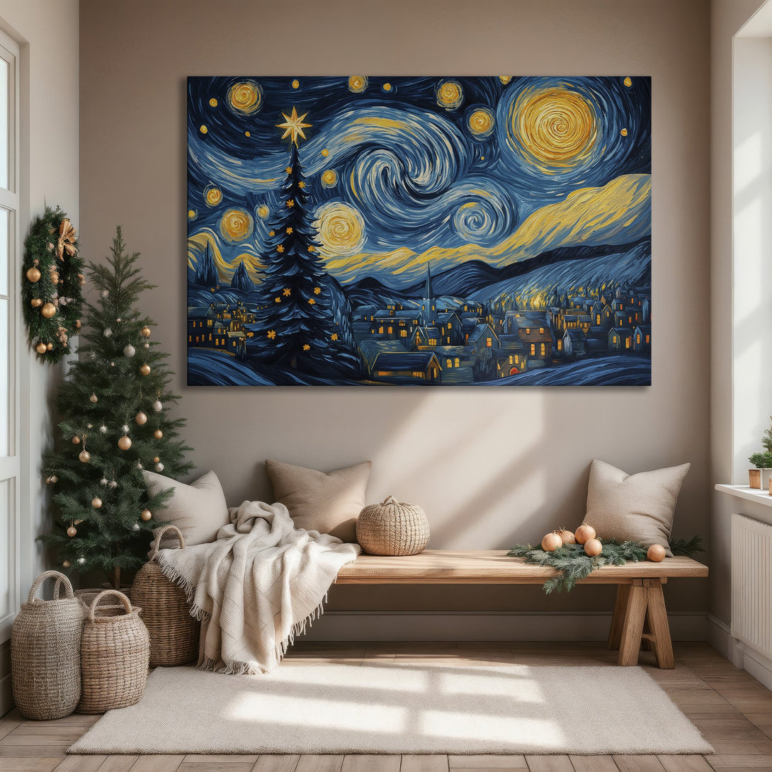 Framed Wall Art: Starry Night Christmas scene in blue & gold. Add a touch of art & holiday cheer to your home with this canvas print!