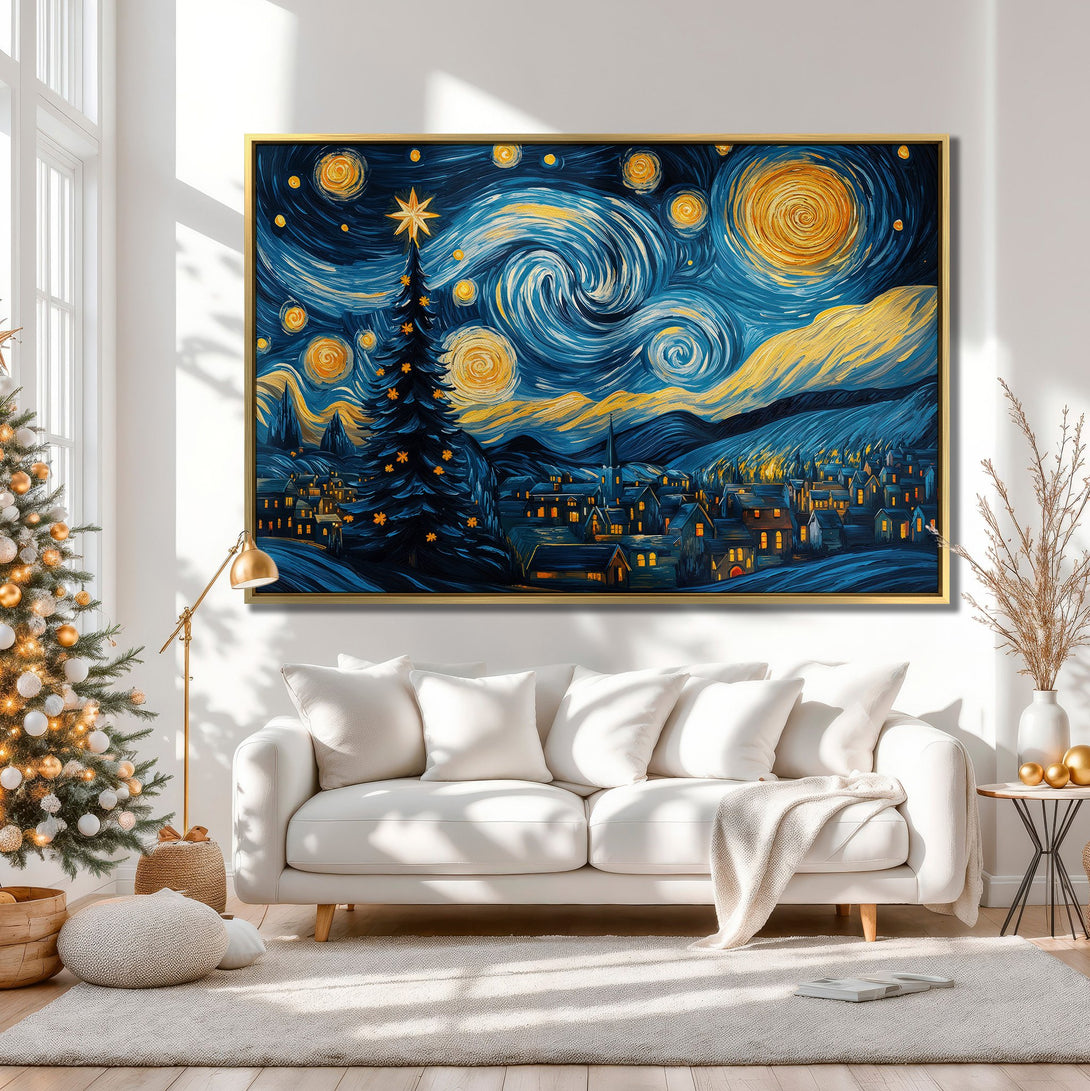 Canvas Print of a starry night Christmas scene in Van Gogh style, featuring blue, yellow, and white hues. Perfect holiday wall decor!