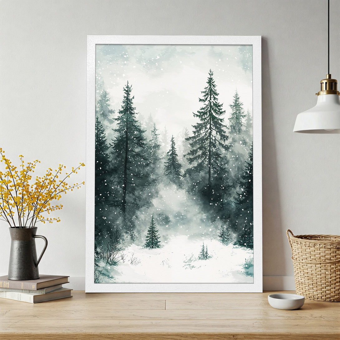 Framed Poster of a winter forest scene in watercolor style, featuring a cool, muted blue and green color palette.