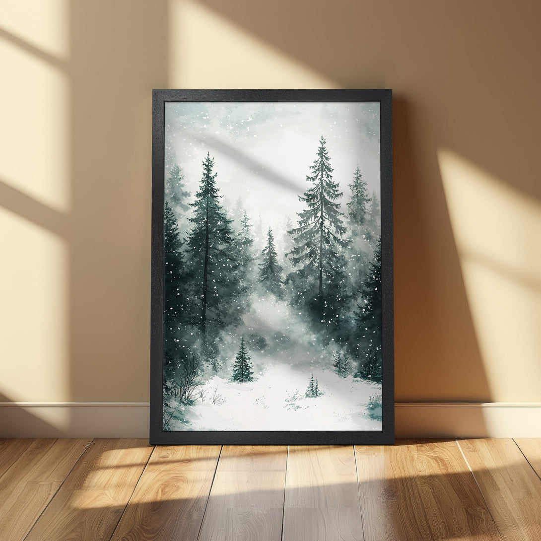 Framed Poster featuring a serene winter forest scene in watercolor style, with a cool blue and green color palette. Perfect wall art!