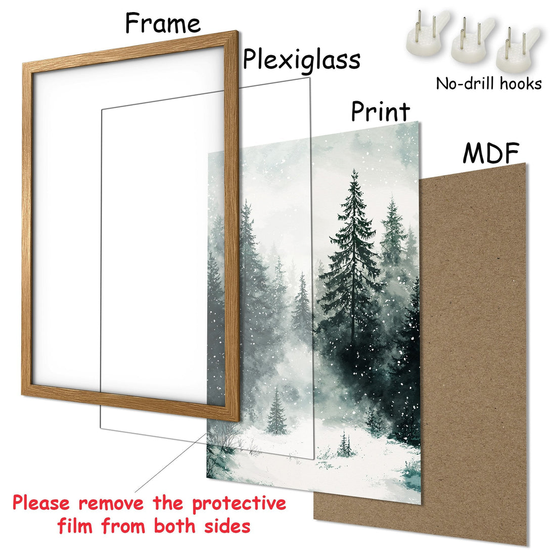 Framed Poster featuring a winter forest scene in a watercolor style with a muted green and gray color palette. Perfect wall art!