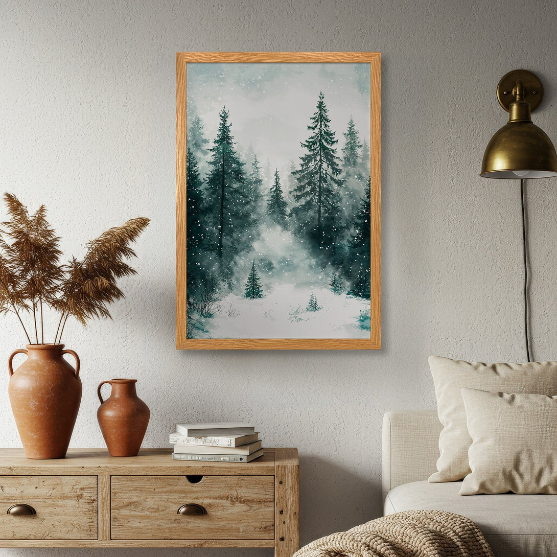 Framed Poster of a serene winter forest scene in watercolor style, featuring shades of green, white, and gray. Perfect for home decor.