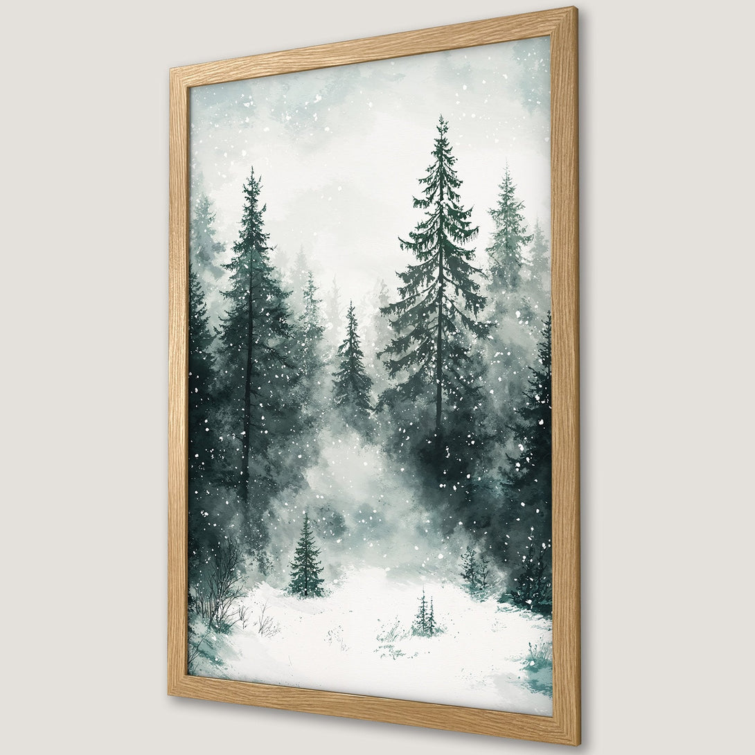 Framed Poster featuring a serene winter forest scene. Watercolor style with a cool, muted green and white color palette. Perfect wall art.