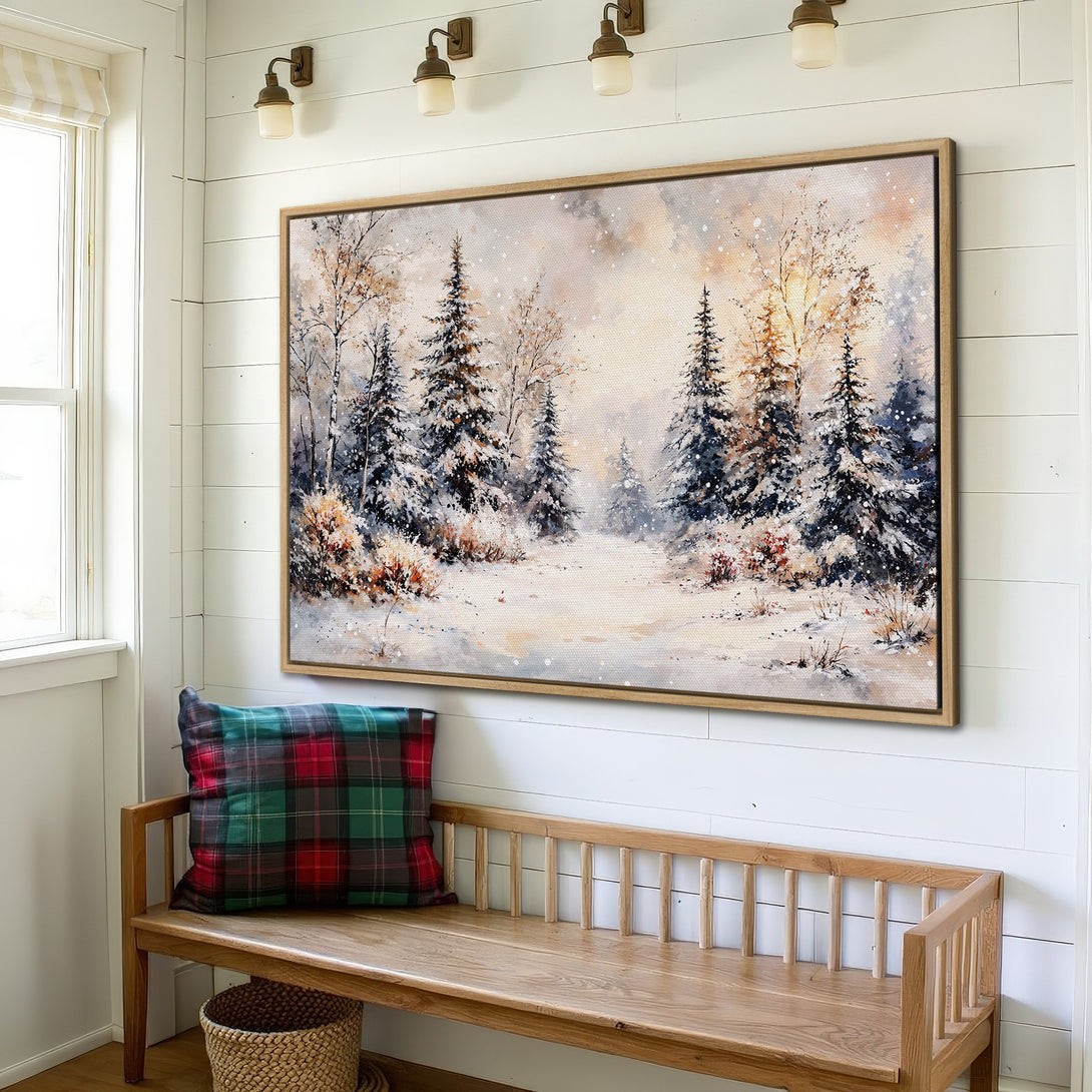 Framed Wall Art: Winter forest scene in soft watercolor style. Neutral color palette with snowy trees. Perfect for cozy home decor.