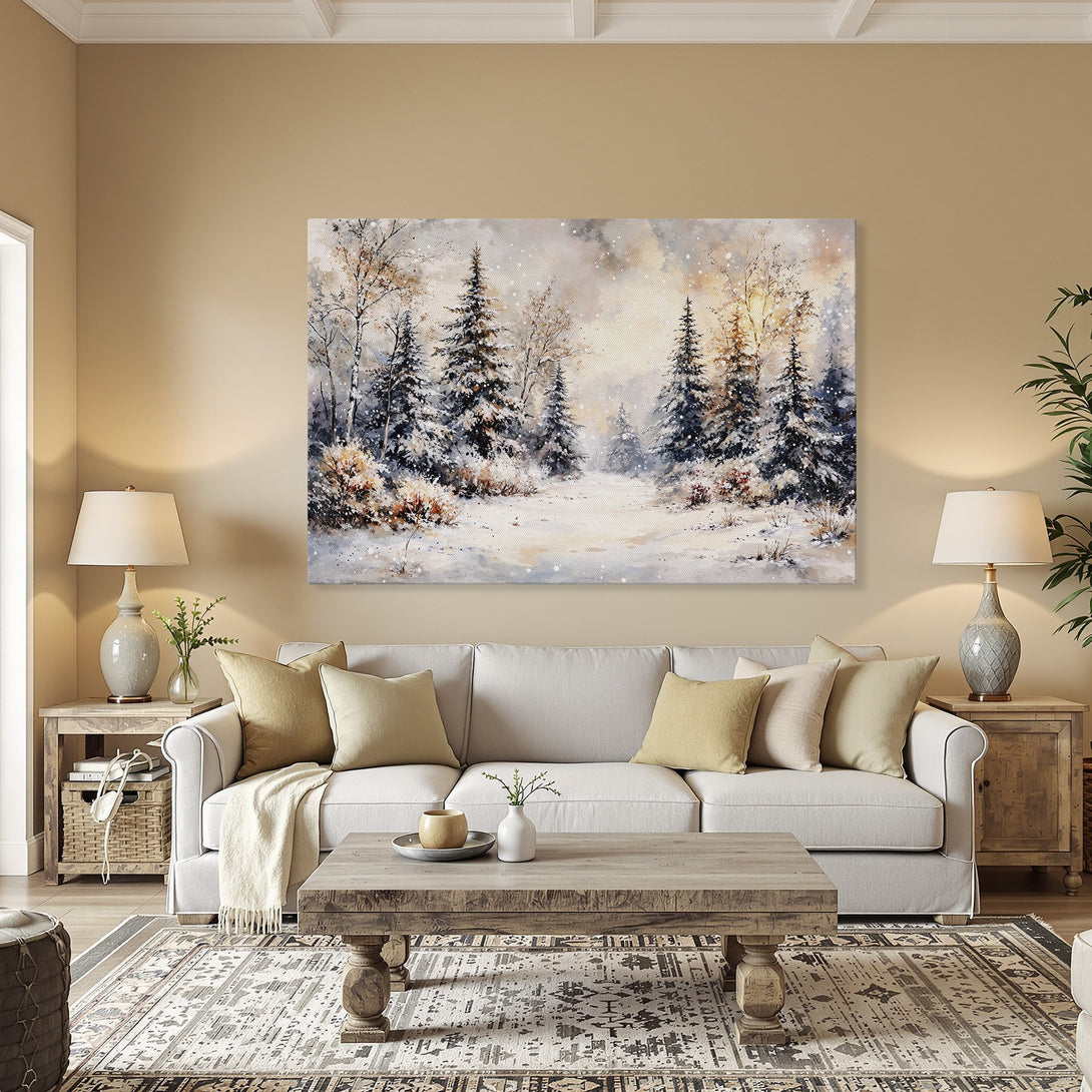 Framed Wall Art: Winter forest scene canvas print in a warm, inviting interior. Features a snowy landscape with a neutral, muted color palette.