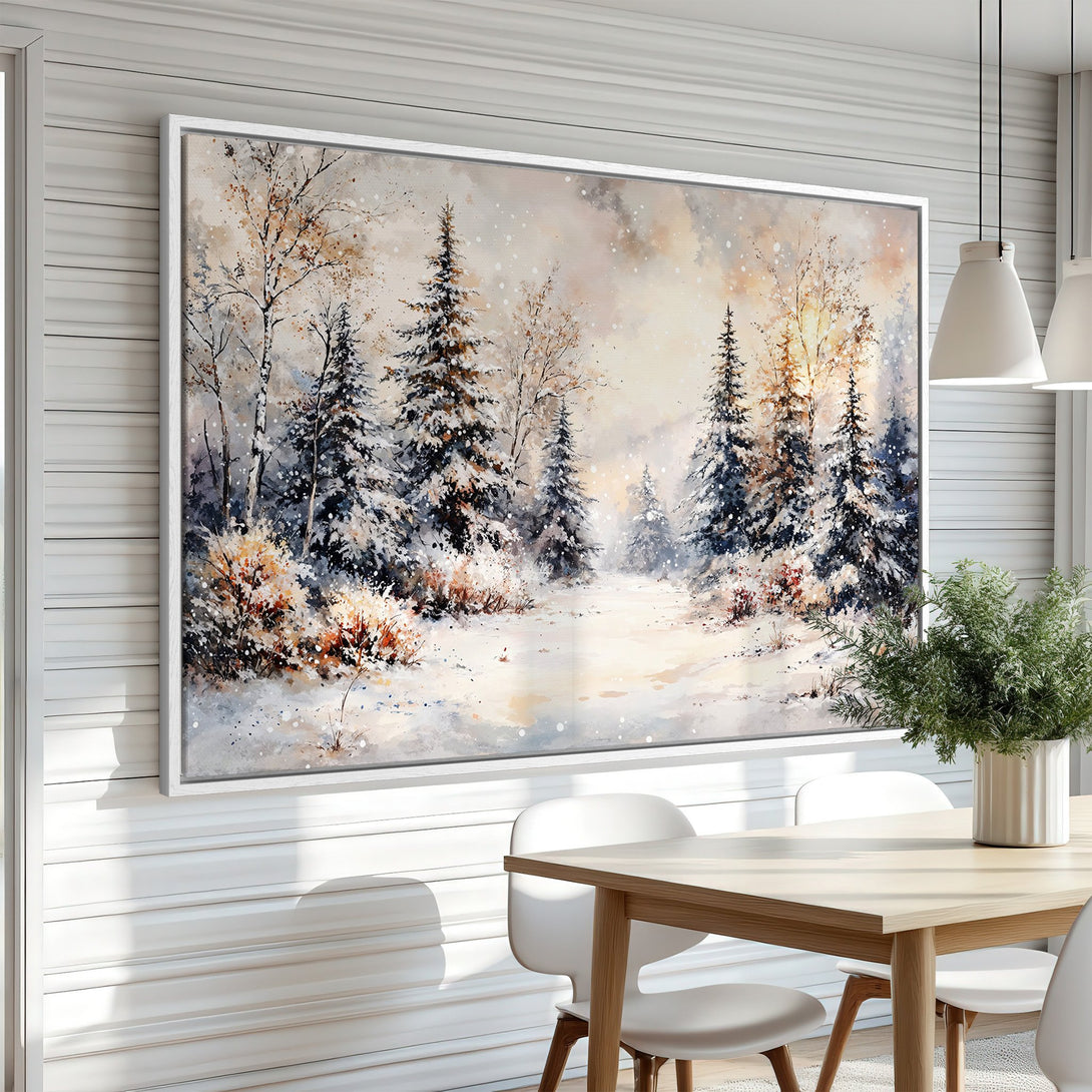 Framed Wall Art: Winter forest scene in watercolor style. Neutral color palette with snowy trees and warm sunlight. Perfect for adding a cozy touch to your home.