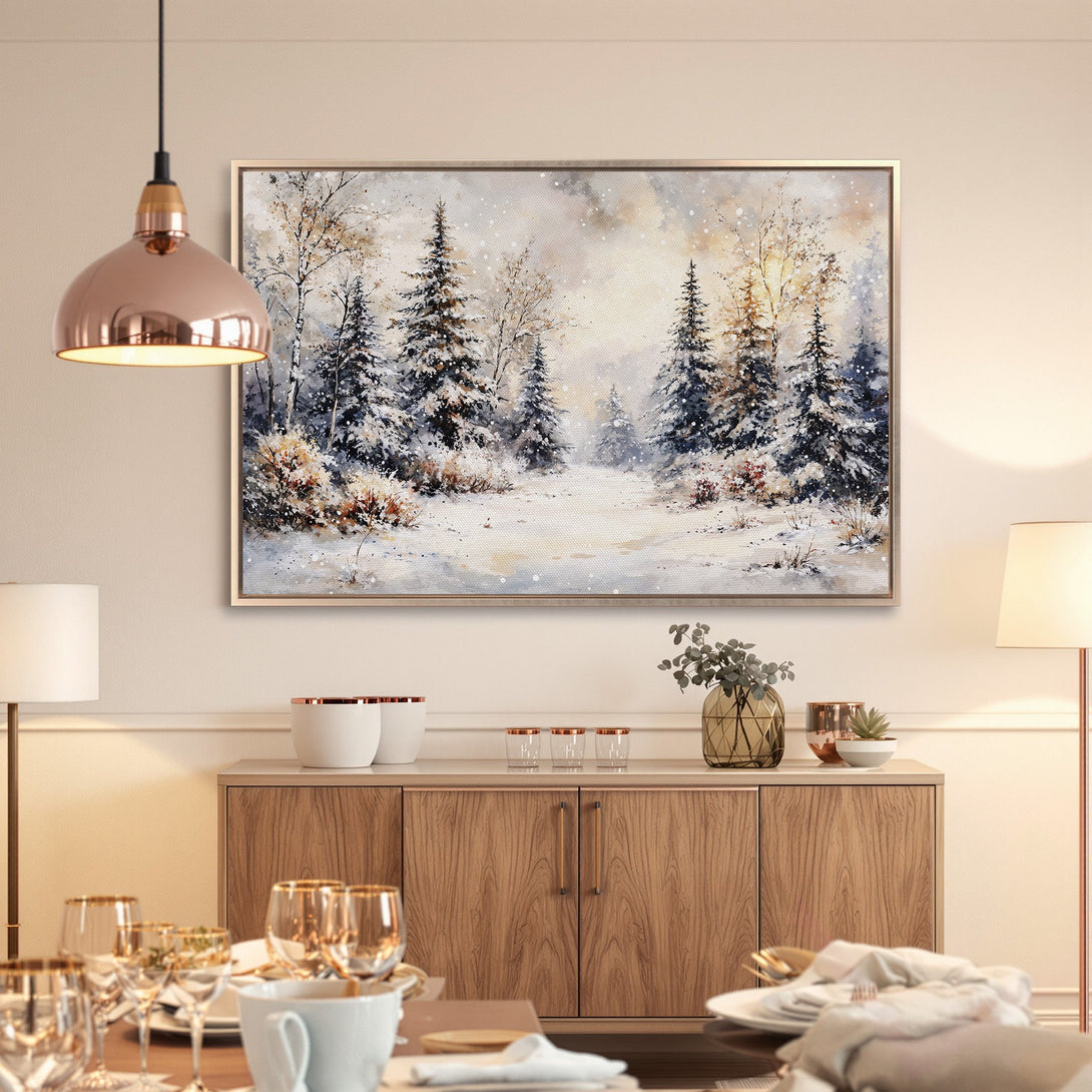 Framed Wall Art: Winter forest scene in neutral & blue tones. Add a touch of serenity with this beautiful landscape canvas print.