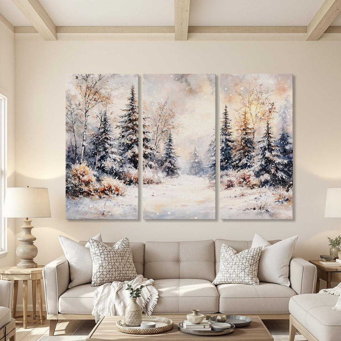 Canvas Print of a winter forest scene in soft watercolor style. Featuring a neutral color palette with snowy trees, perfect for cozy interiors.