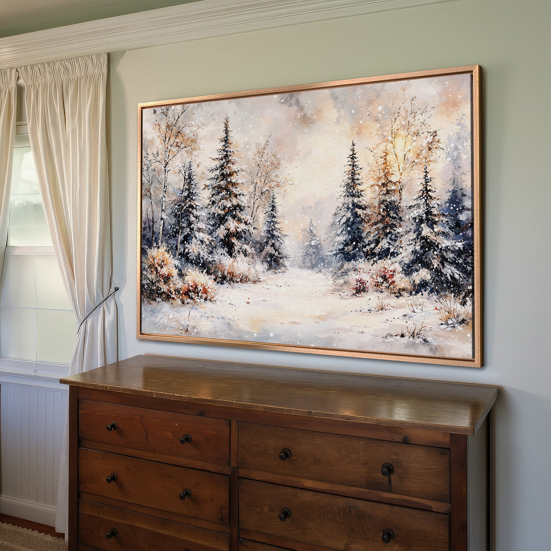 Framed Wall Art: Winter forest scene Canvas Print with a warm, neutral color palette. Showcases snow-covered trees and a serene, watercolor style.