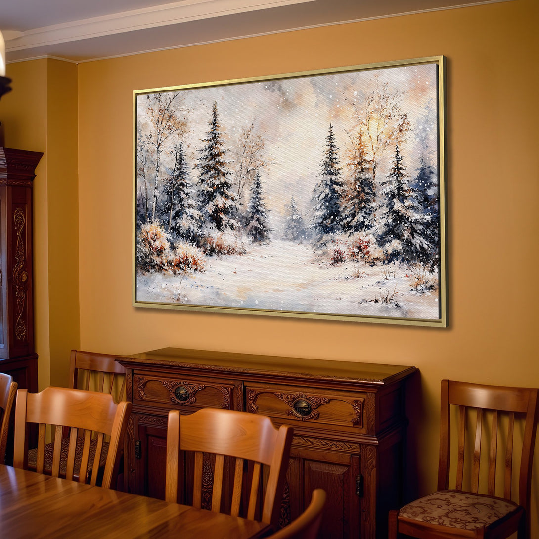 Canvas Print of a snowy winter forest scene in a warm, neutral color palette. Adds a cozy, rustic touch to any room.