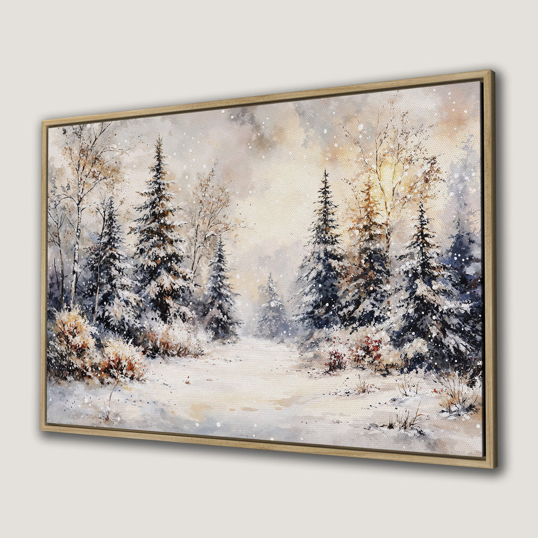 Framed Wall Art: Watercolor winter forest scene in neutral tones. Perfect for adding a touch of nature to your home decor. Warm, inviting color palette.