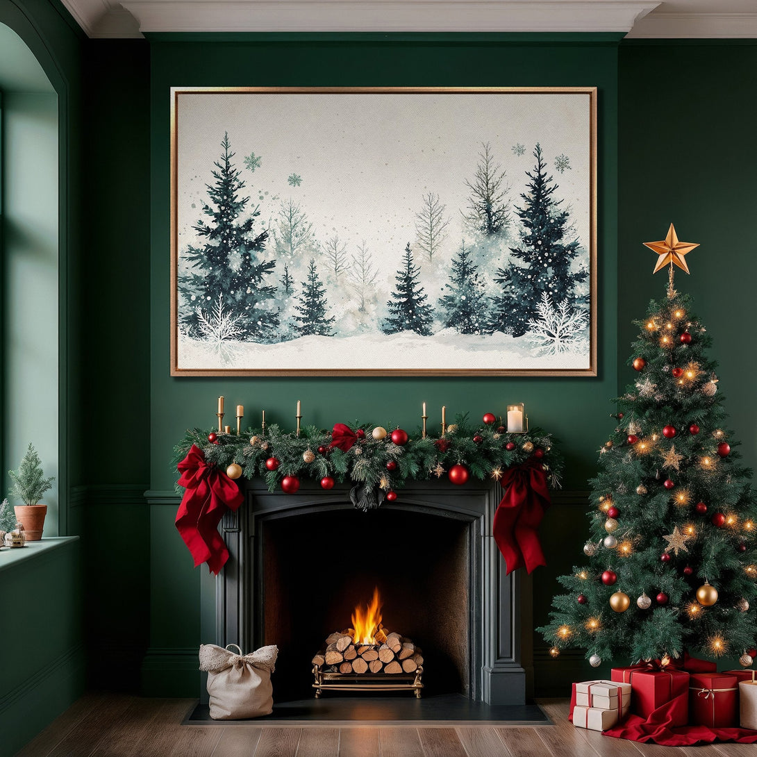 Framed Wall Art: Winter forest scene in blue & white, displayed in a cozy Christmas interior. Perfect for holiday decor!