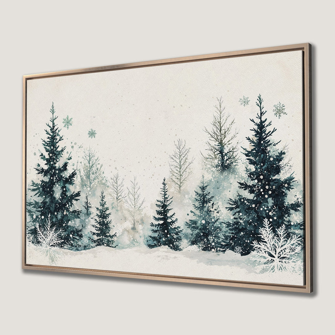 Framed Wall Art: Watercolor winter forest scene in teal and white. Add a touch of nature's beauty to your home decor!