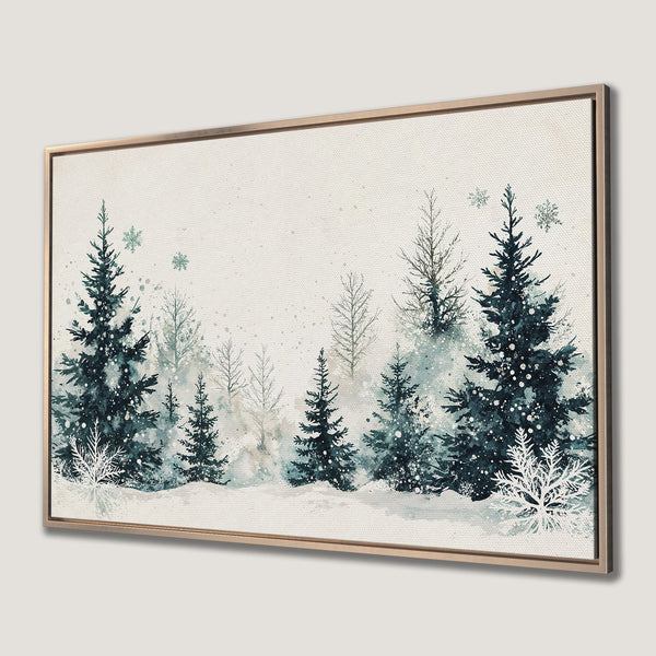 Framed Wall Art: Watercolor winter forest scene in teal and white. Add a touch of nature's beauty to your home decor!