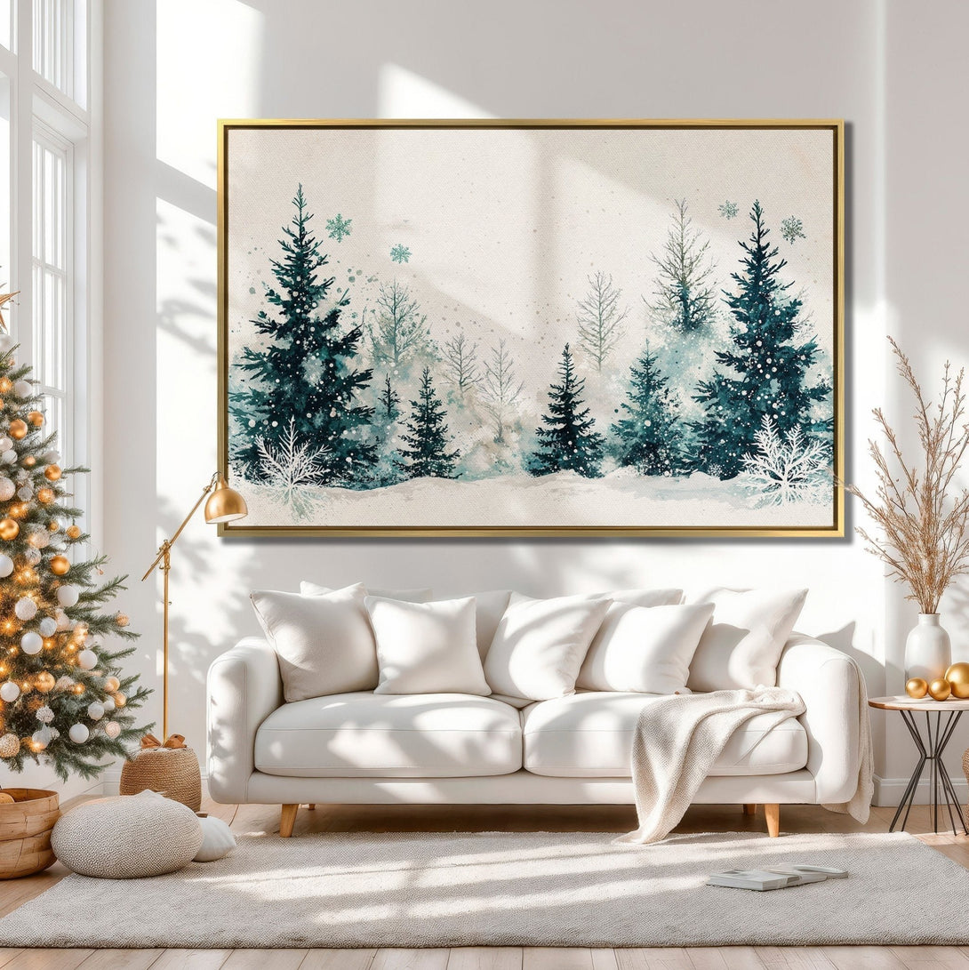 Canvas Print of a winter forest scene in watercolor style, featuring a serene blue and white color palette, perfect for cozy home decor.