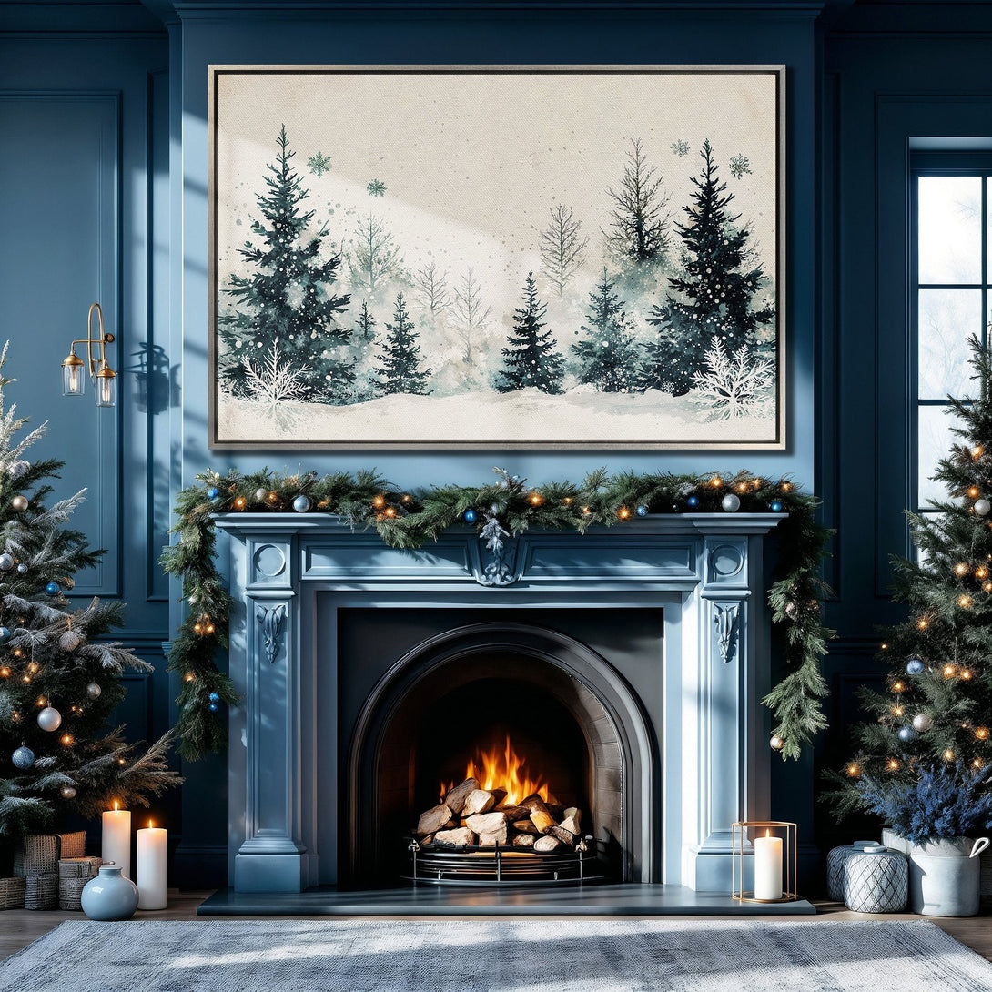 Framed Wall Art: Winter forest scene in blue and white tones. Watercolor style canvas print adds cozy elegance to a living room with fireplace.