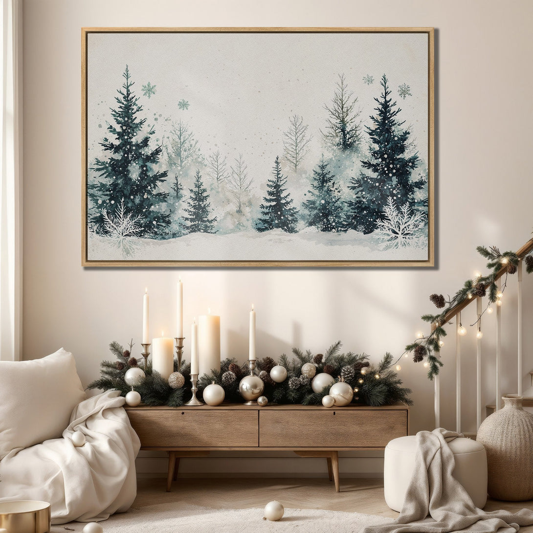 Framed Wall Art featuring a watercolor winter forest scene in a serene teal and white palette. Perfect for adding a touch of nature and elegance to your home.