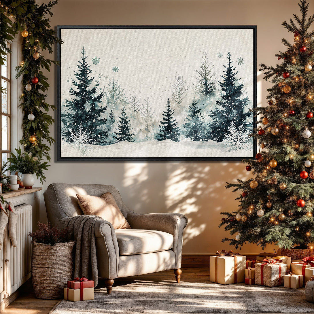 Framed Wall Art: Watercolor winter forest scene in teal and white. Cozy living room with Christmas tree and gifts. Perfect holiday decor.