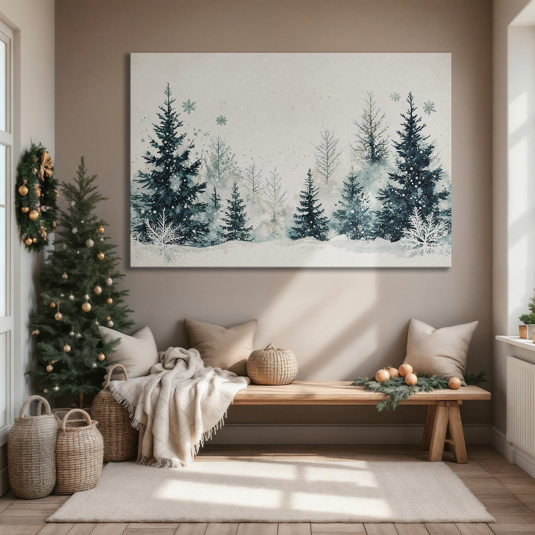 Framed Wall Art: Watercolor winter forest scene in teal and beige. Perfect for adding a touch of nature and serenity to your home decor.