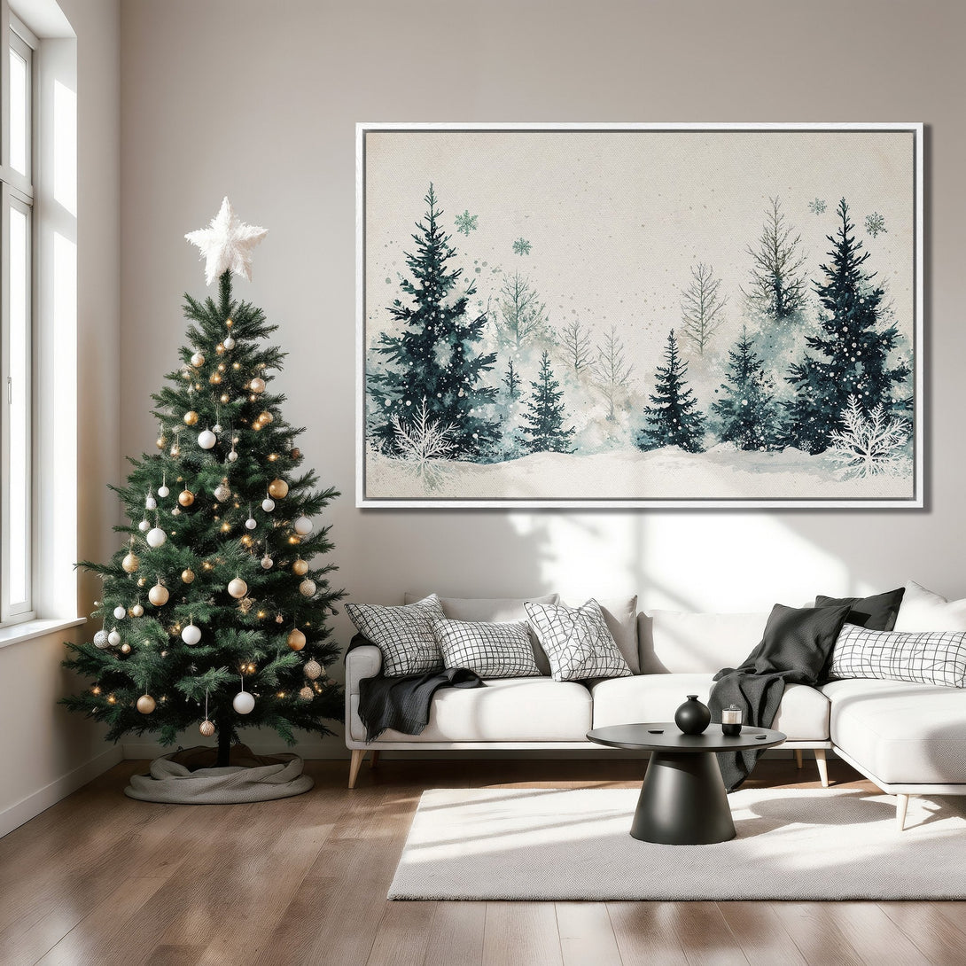 Framed Wall Art: Watercolor winter forest canvas print in blue and beige tones. Perfect for seasonal home decor and adding a touch of nature.