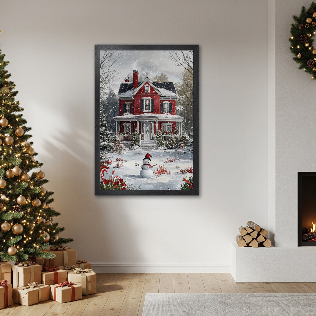 Framed Poster featuring a winter scene with a red house and snowman. Charming holiday art in a cozy, neutral palette.