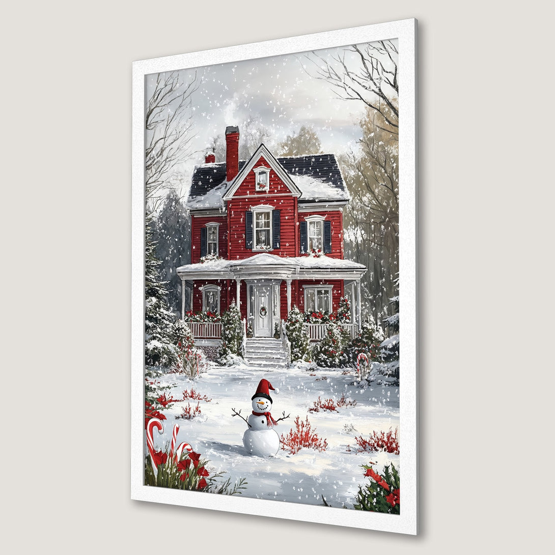 Framed Poster of a snowy winter scene with a red house, snowman, and candy canes. Cozy style, red and white color palette.