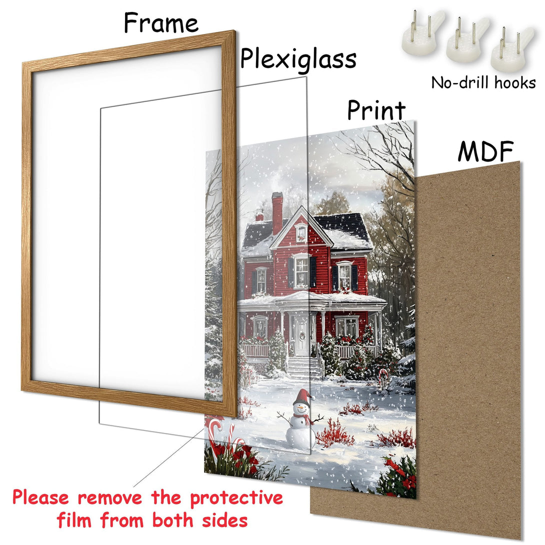 Framed Poster: Winter scene of a red house with a snowman. Warm, inviting colors. Perfect for holiday decor!