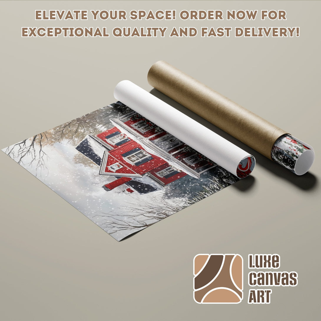 Poster Roll featuring a winter scene with a red house, in a painterly style with a muted color palette. Order now!