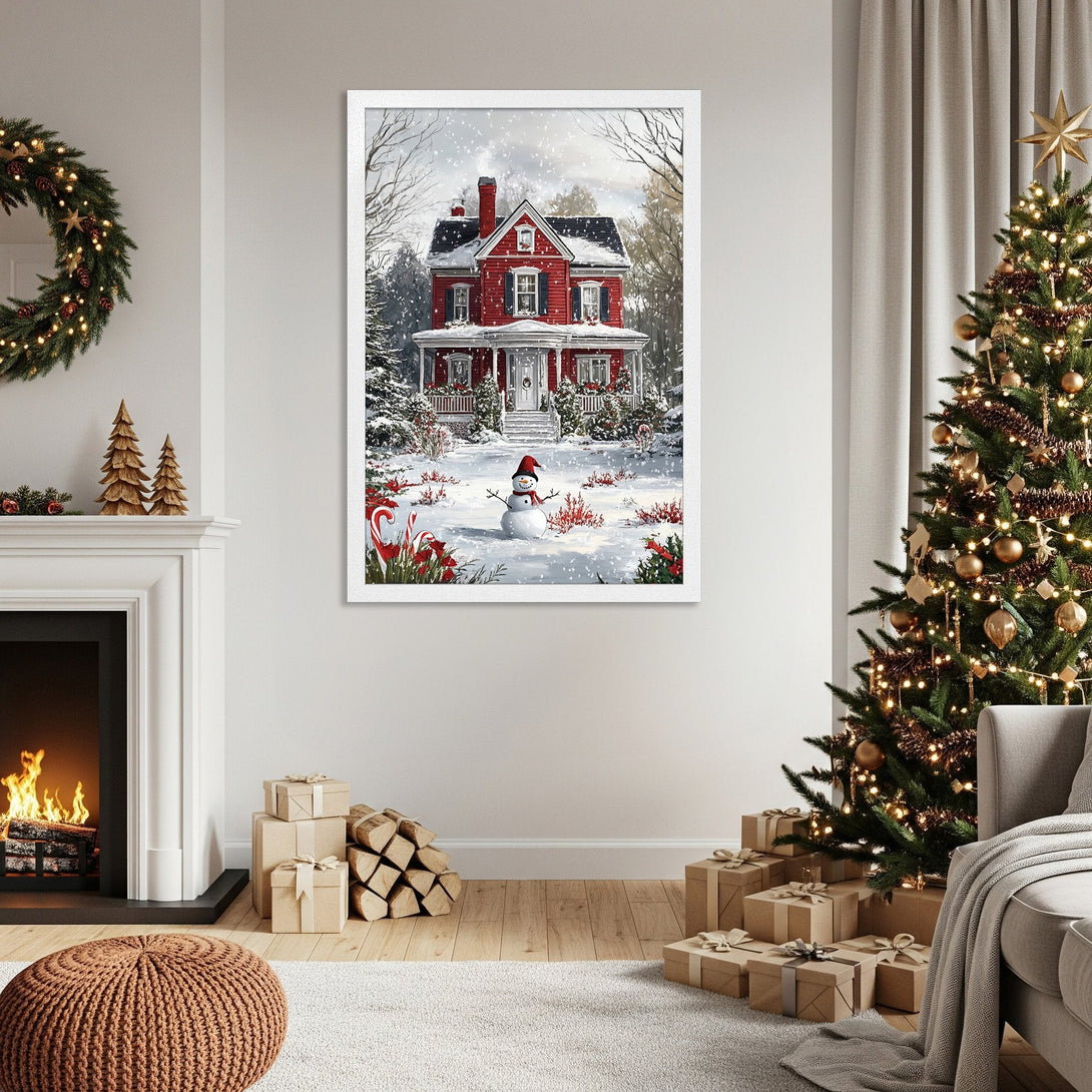 Framed Poster of a red Christmas house in a snowy scene. Cozy winter art with a warm color palette. Perfect holiday decor.