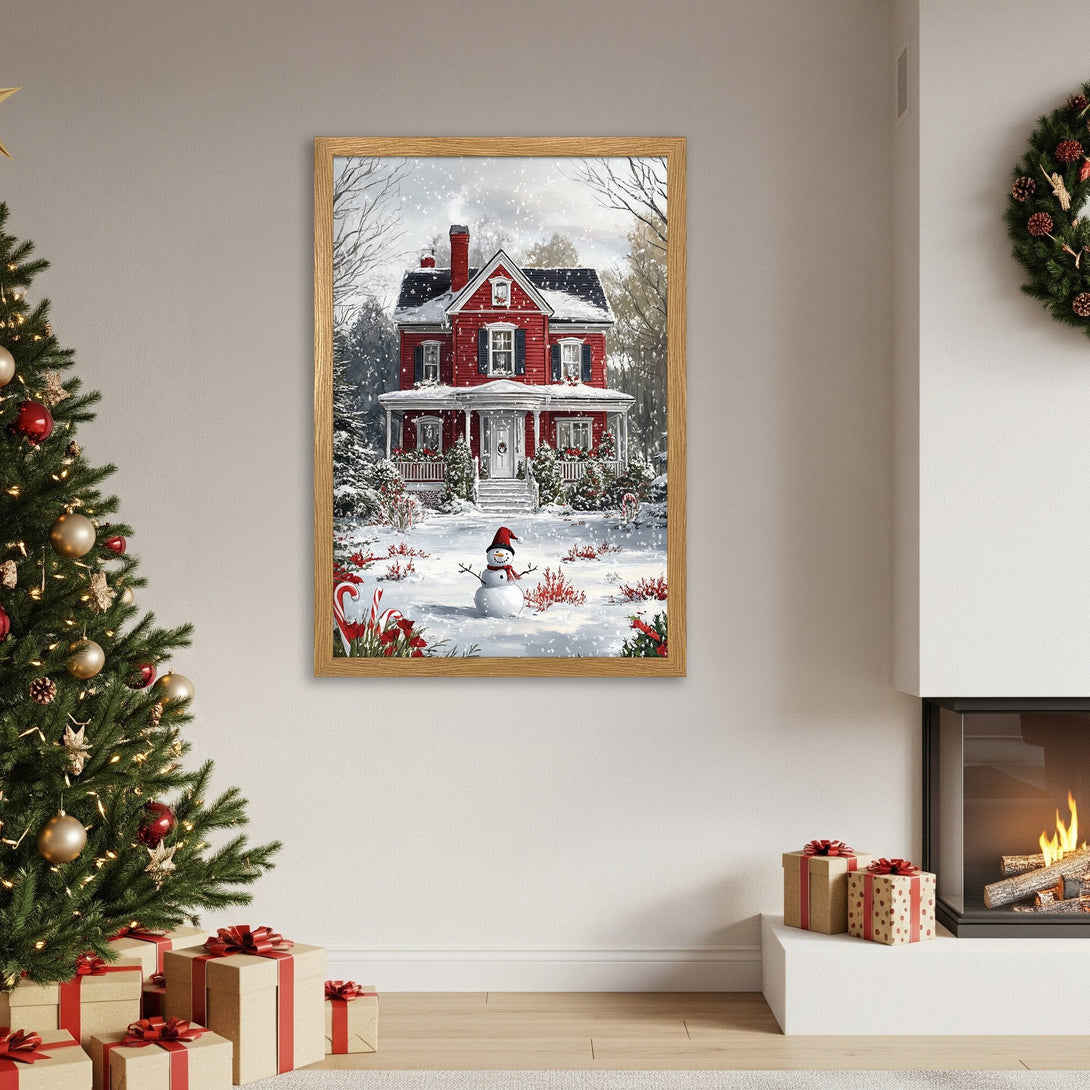 Framed Poster featuring a cozy winter scene with a red house and snowman. Warm, inviting colors perfect for holiday decor.