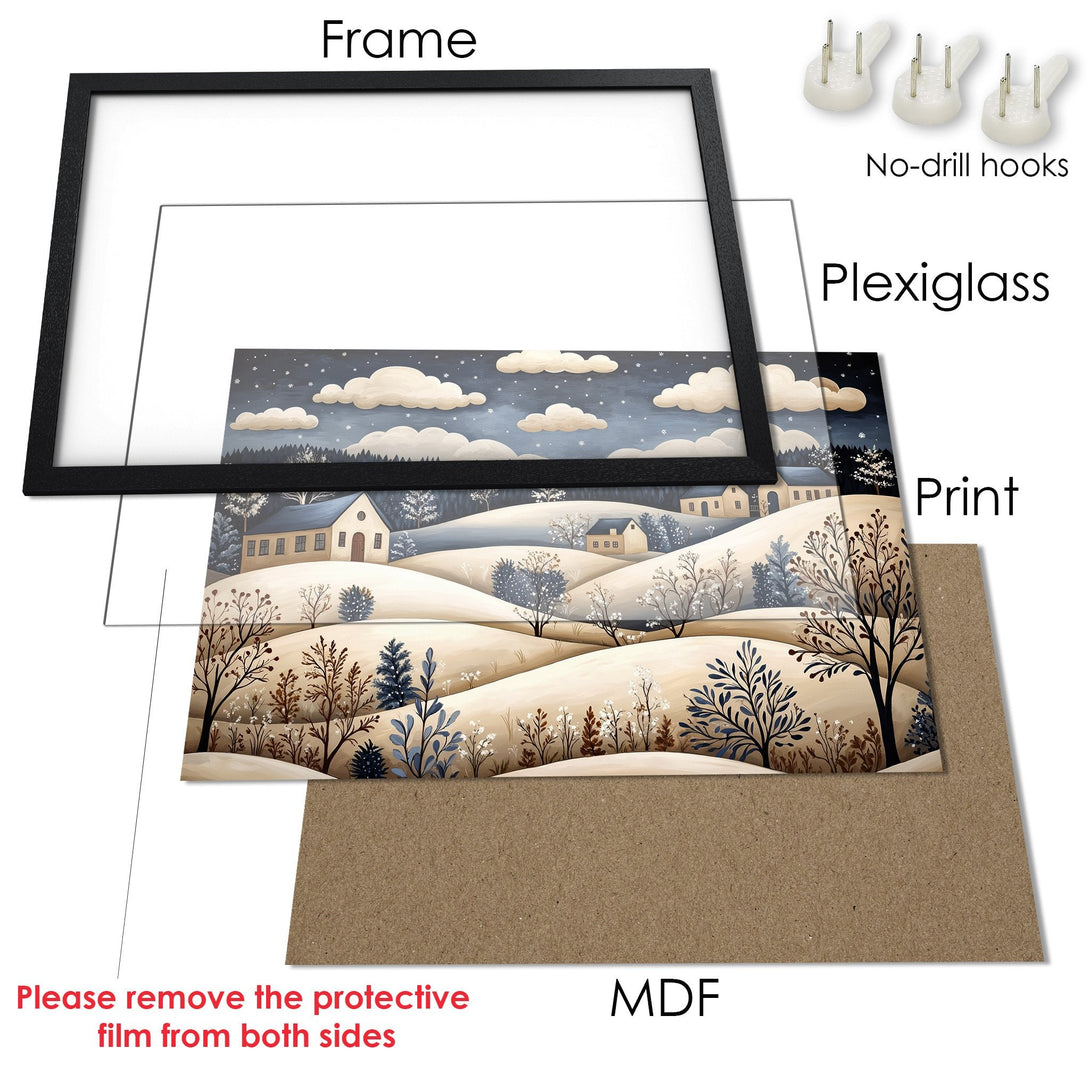 Framed Poster of a winter landscape in a neutral color palette. Perfect wall art for any room.