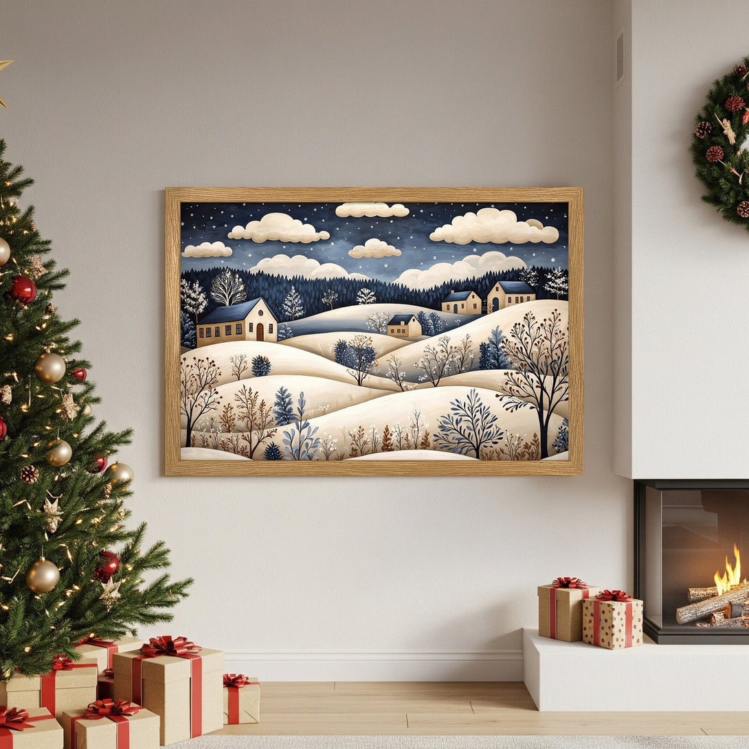 Framed Poster of a winter landscape in a whimsical style, featuring a blue and beige color palette. Perfect holiday decor!
