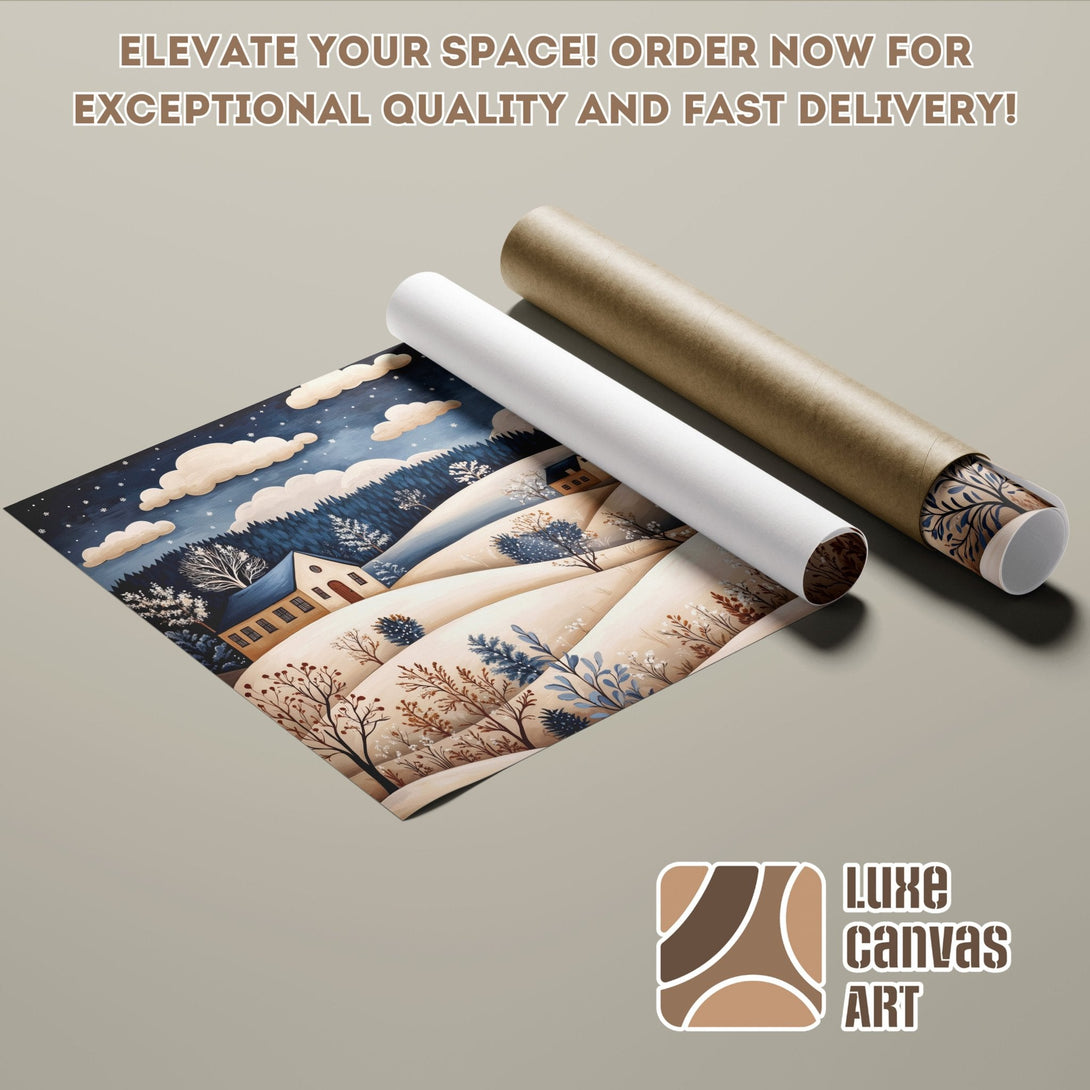 Winter landscape Poster Roll, art print in cool blue & beige tones, perfect for home decor. Order yours today!