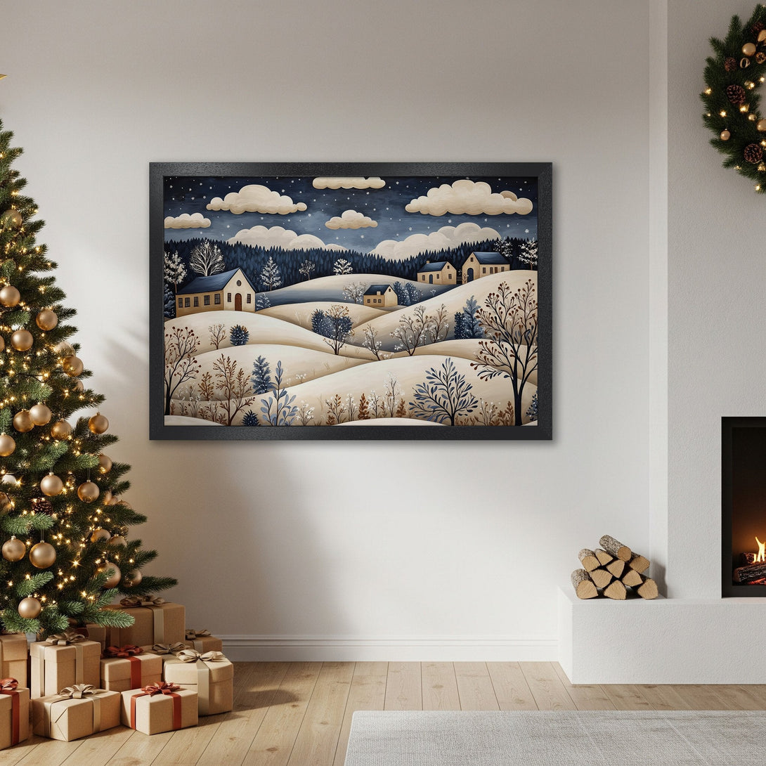 Framed Poster of winter landscape art, soft style, blue & beige palette. Perfect holiday decor.