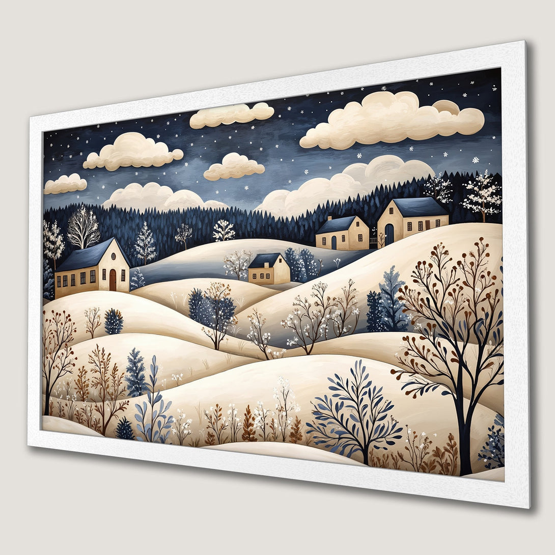 Framed Poster featuring a winter landscape illustration in a whimsical style with a blue and beige color palette. Perfect wall art!