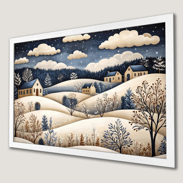 Framed Poster featuring a winter landscape illustration in a whimsical style with a blue and beige color palette. Perfect wall art!