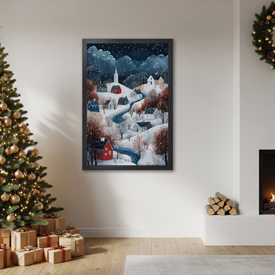 Framed Poster of winter village scene in a cozy, watercolor style, with a blue and red color palette. Perfect for holiday decor!
