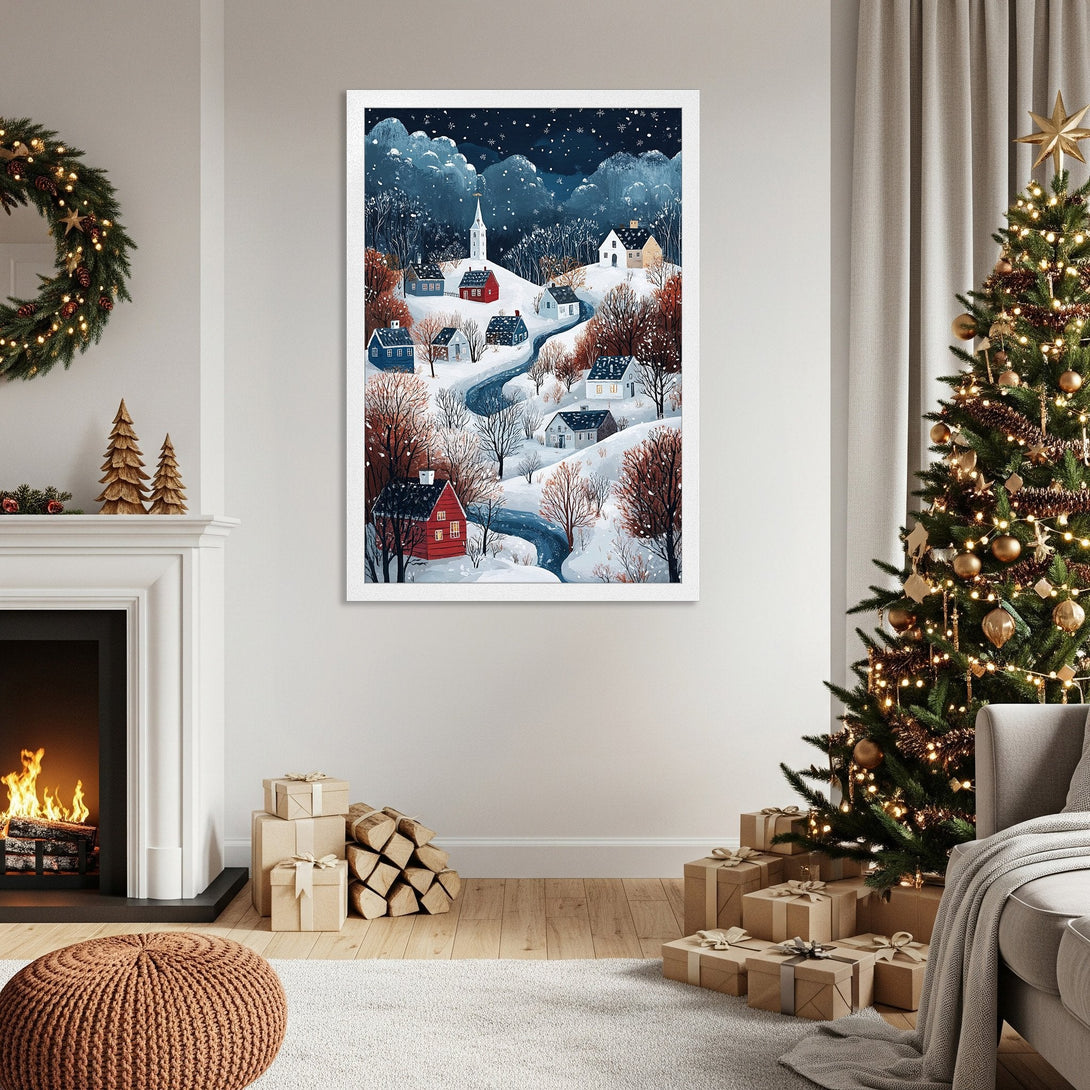 Framed Poster of a winter village scene in a watercolor style with blue, white, and red tones. Perfect holiday decor!