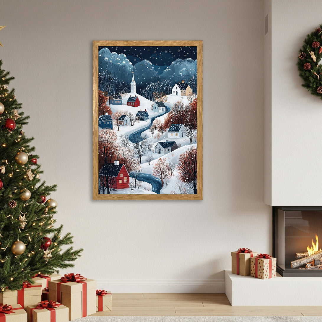 Framed Poster of winter village scene in blue, white, and red. Perfect holiday decor!