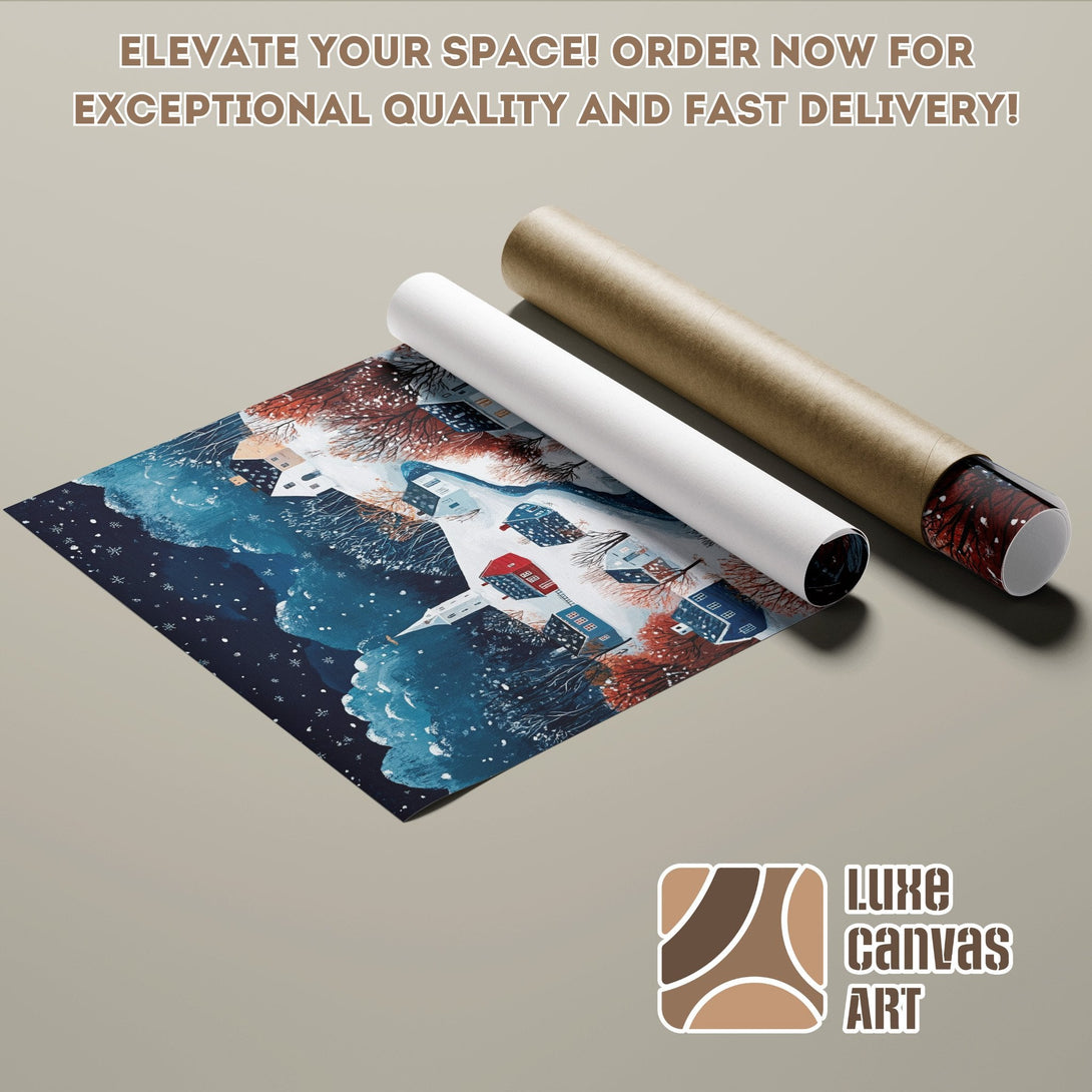 Winter landscape Poster Roll art, featuring a blue and red color palette. Elevate your space today!