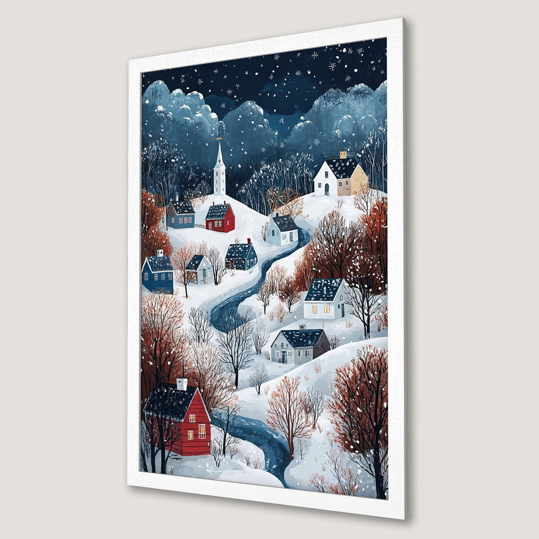 Framed Poster of a winter village scene. Featuring a snowy landscape with houses, trees and a river, in a blue, white and brown color palette. Perfect wall art!