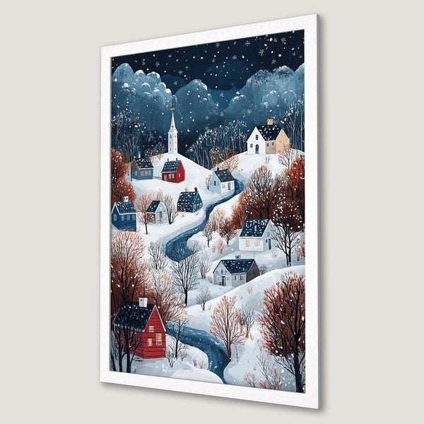 Framed Poster of a winter village scene. Featuring a snowy landscape with houses, trees and a river, in a blue, white and brown color palette. Perfect wall art!